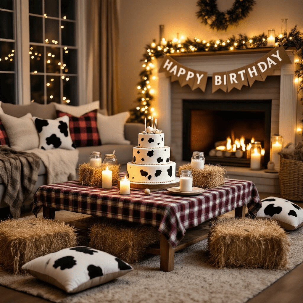 Moo-velous Cow Birthday Party: The Ultimate Guide to Throwing a Farmyard Bash! A cozy winter cow-themed celebration in an intimate living room, featuring warm golden light, a plaid tablecloth on the coffee table with a tiered cow spot birthday cake, hay bales, plush cow toys, and mason jars with milk. Cozy cow print throw pillows on the floor, with a burlap 'Happy Birthday' banner above the fireplace.