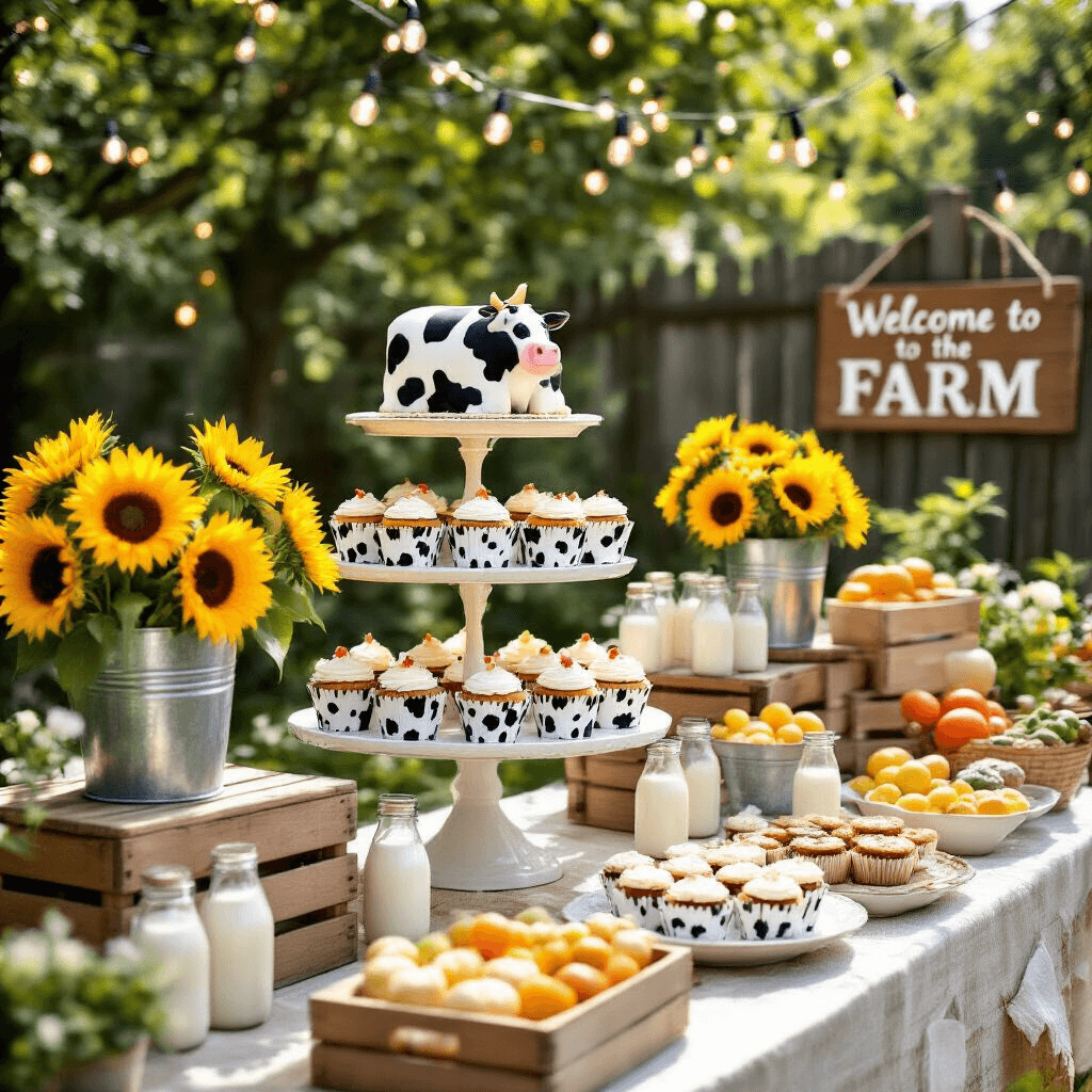 Moo-velous Cow Birthday Party: The Ultimate Guide to Throwing a Farmyard Bash! A vibrant garden party scene featuring a dessert cart adorned with cow-print cupcake wrappers, milk bottle favors, and a cow-shaped cake, surrounded by sunflowers in metal buckets and wooden crates filled with fresh produce. Fairy lights illuminate the setting, with a 'Welcome to the Farm' sign in the background.