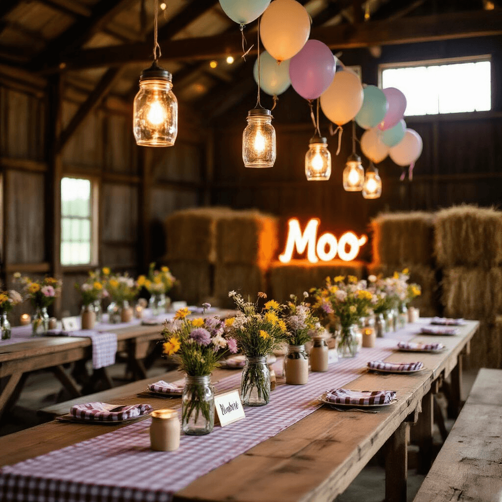 Moo-velous Cow Birthday Party: The Ultimate Guide to Throwing a Farmyard Bash! An enchanting twilight scene depicting a barn decorated for a birthday celebration, featuring mason jar lanterns, long wooden tables with gingham tablecloths and wildflower centerpieces, a hay bale photo booth with cow print props, a neon 'Moo' sign, and balloons in muted pastels.