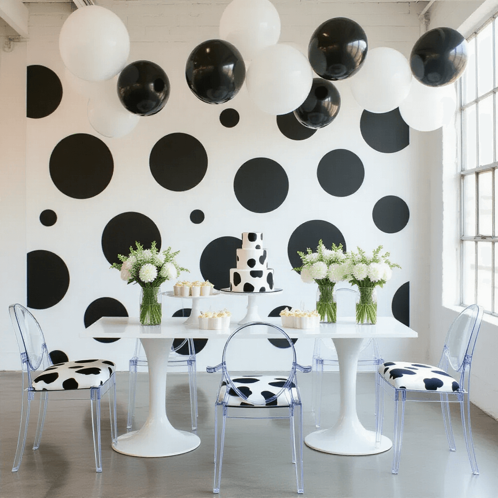 Moo-velous Cow Birthday Party: The Ultimate Guide to Throwing a Farmyard Bash! A modern loft with clean white walls and a statement wall featuring oversized black polka dots. A sleek dessert table displays a geometric cow-print cake, surrounded by milk glass vases of white flowers. Clear ghost chairs with cow print cushions are arranged around low white tables, while helium-filled black and white balloons float above. The image is captured from an elevated angle.