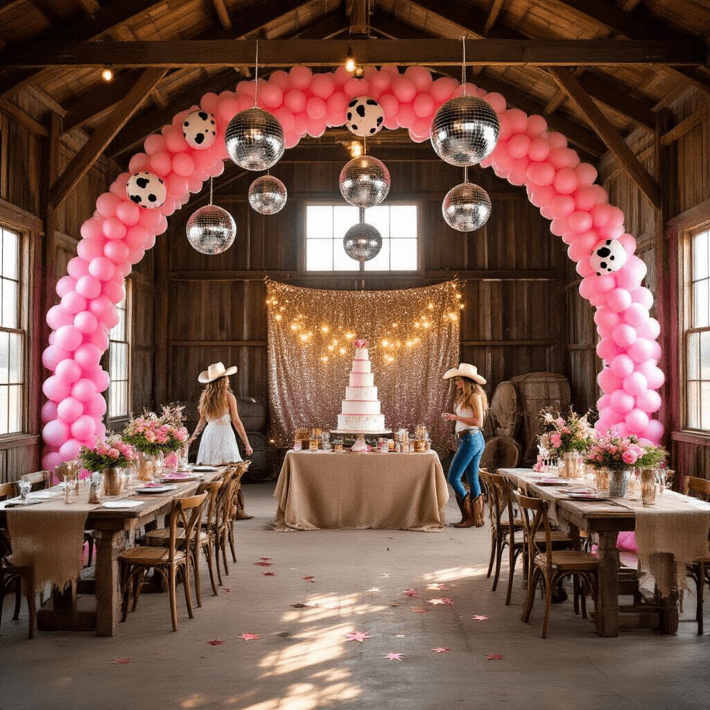 Yeehaw Chic: The Ultimate Guide to a Cowgirl Birthday Party That'll Make Everyone Say "Wow!" A whimsical cowgirl disco paradise inside a rustic barn, featuring a pink balloon arch with cow print accents and disco balls hanging from wooden beams. The scene includes burlap-dressed tables with metallic star confetti and pink floral arrangements in mason jars, a sparkling sequin backdrop behind a cake decorated with fondant cowboy boots, and guests in cowboy hats and boots dancing in golden hour light.