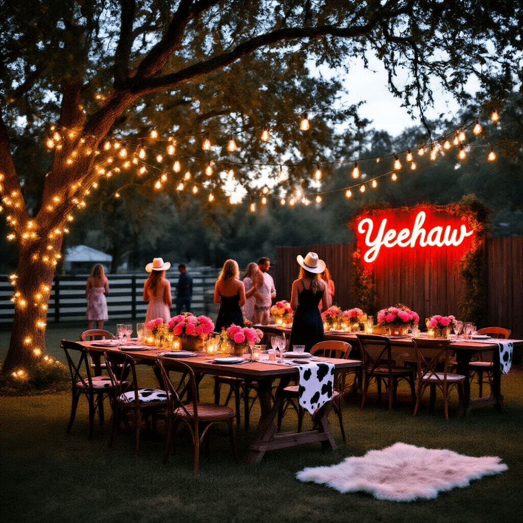 Yeehaw Chic: The Ultimate Guide to a Cowgirl Birthday Party That'll Make Everyone Say "Wow!" An intimate backyard setting at dusk featuring a chic cowgirl soiree with fairy lights and lanterns, long farmhouse tables with cow print runners and pink ranunculus centerpieces, a DIY horseshoe garland, and a stylish photo booth area with props. Silhouettes of guests mingling with cocktails against the dusky sky.