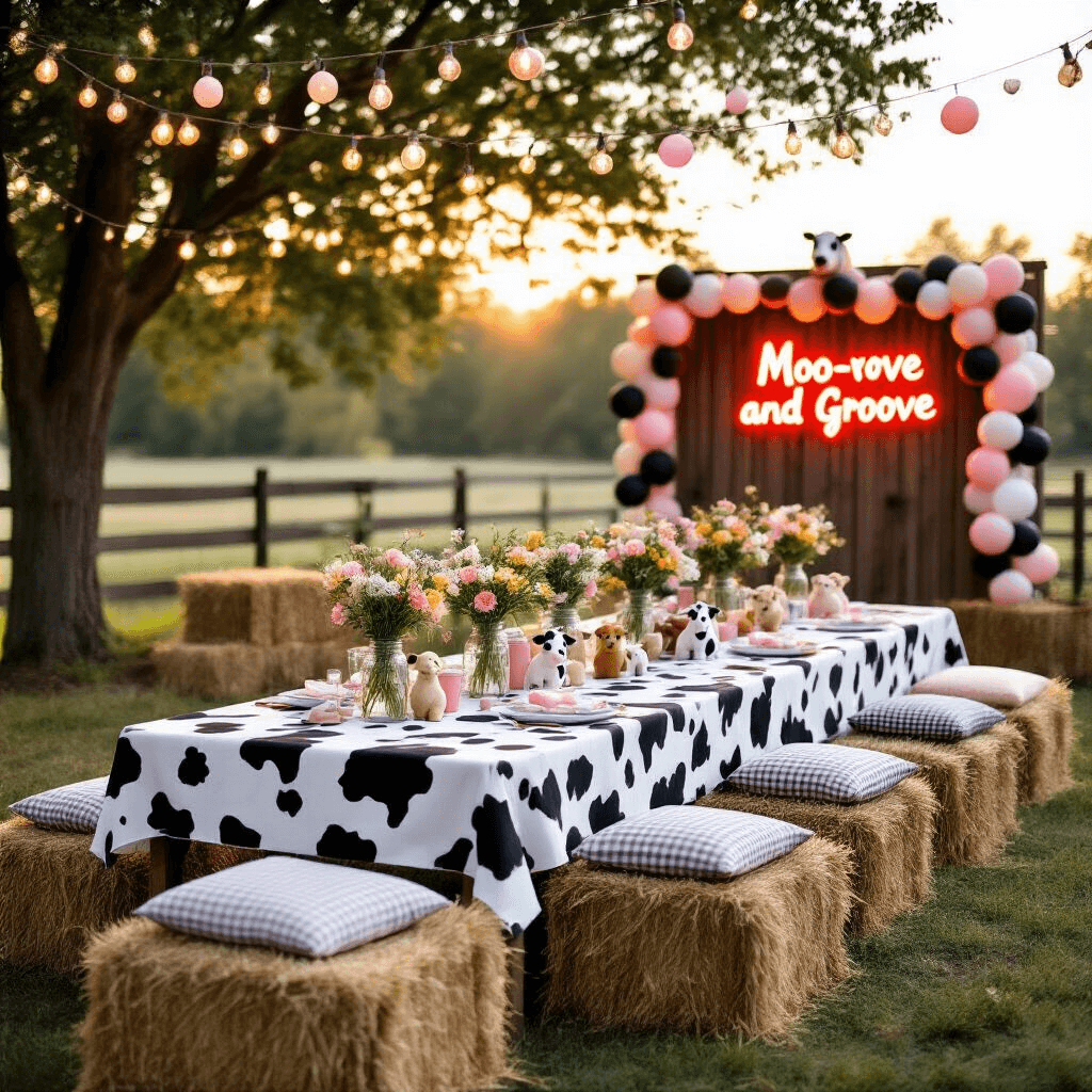 Throw the Ultimate Cow Print Birthday Party: A Playful Guide to Barnyard Bash Perfection A whimsical barnyard birthday party at golden hour, featuring a long farm table with a cow print tablecloth under fairy lights and balloon garlands, embellished with mason jar centerpieces of wildflowers and miniature animal figurines. Hay bales with gingham cushions provide seating, while a rustic wooden backdrop with a neon 'Moo-ve and Groove' sign creates a playful photo booth area.