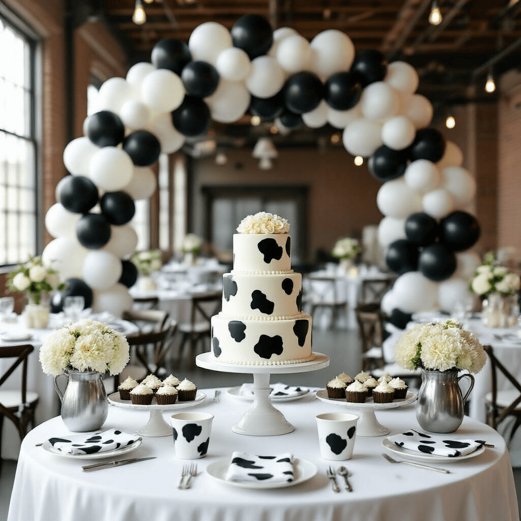 Throw the Ultimate Cow Print Birthday Party: A Playful Guide to Barnyard Bash Perfection Elegant indoor cow-themed celebration in a light-filled loft, featuring a tiered white cake with cow print accents on a dessert table, surrounded by black and white treats. A balloon arch in black, white, and sage green frames the scene, while round tables with white linens and cow print napkins are adorned with hydrangeas in silver milk jugs. Captured from a slightly elevated angle.