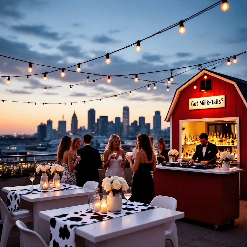 Throw the Ultimate Cow Print Birthday Party: A Playful Guide to Barnyard Bash Perfection A chic rooftop terrace cocktail party at twilight features string lights overhead, sleek white high-top tables with cow print runners, a stylish bar cart with milk bottle vases and a 'Got Milk-tails?' sign, guests enjoying 'black and white' Russian cocktails, and a DJ booth disguised as a red barn, all set against a backdrop of the city skyline.