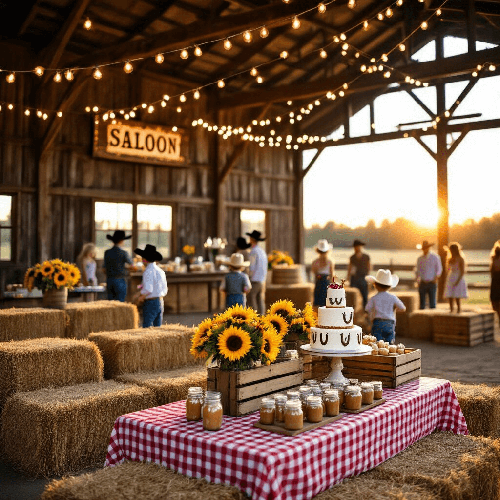Yeehaw! The Ultimate Guide to Throwing a Showstopping Cowboy Birthday Party A rustic barn at golden hour, featuring hay bale seating, wooden crates with sunflowers, and fairy lights overhead. A dessert table with a red gingham tablecloth displays mason jar sundaes and a horse-themed tiered cake. Children in cowboy hats play a lasso game, while adults socialize near a 'Saloon' sign over a drink station.