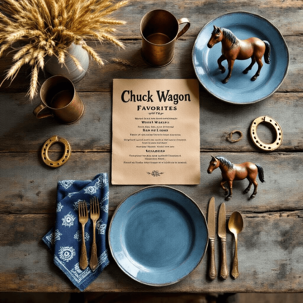Yeehaw! The Ultimate Guide to Throwing a Showstopping Cowboy Birthday Party Overhead view of a rustic Western-themed table setting featuring denim blue plates, bandana napkins, and rusted tin cups, adorned with toy horses, gold-painted horseshoes, and sprigs of wheat; a hand-lettered menu on kraft paper lists chuck wagon favorites, with soft natural light highlighting the textures.
