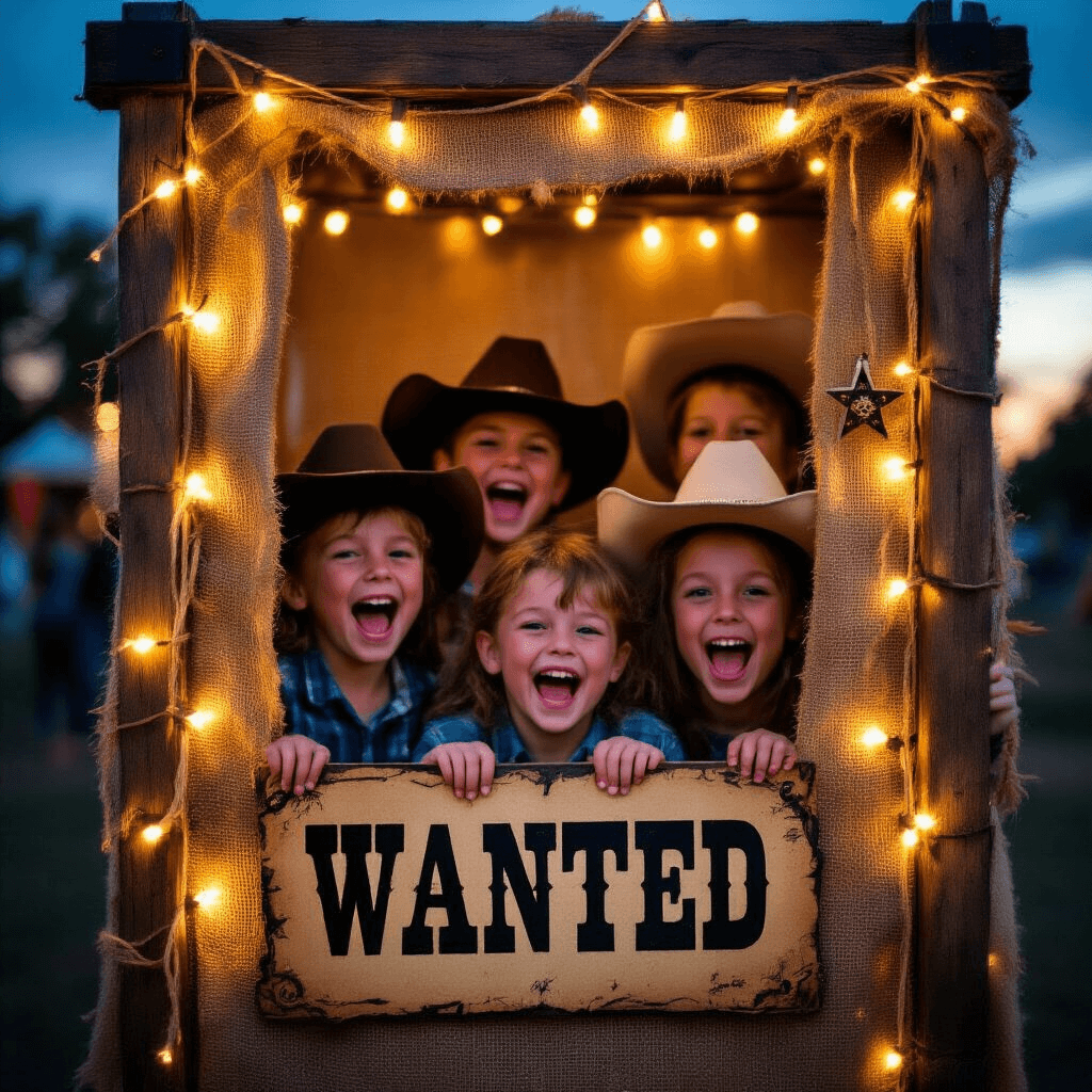 Yeehaw! The Ultimate Guide to Throwing a Showstopping Cowboy Birthday Party Close-up of a cheerful photo booth at dusk featuring a distressed wooden frame with twinkle lights, a burlap backdrop, and props like cowboy hats and sheriff badges. A group of laughing children pose playfully, illuminated by warm lighting, with a vintage 'Wanted' sign in focus.