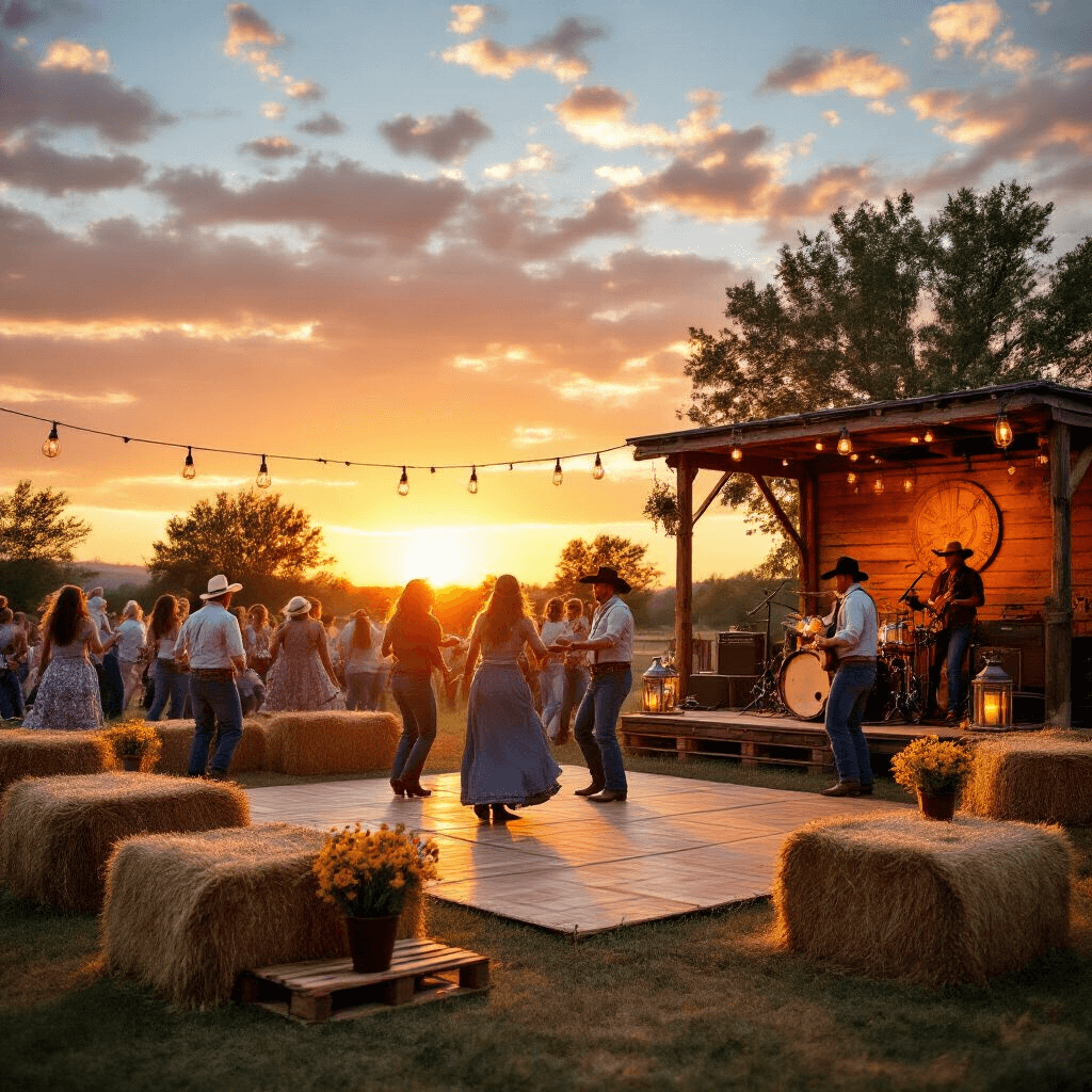 Yeehaw! The Ultimate Guide to Throwing a Showstopping Cowboy Birthday Party A lively backyard hoedown at sunset, featuring bales of hay for seating, a wooden pallet dance floor, and lanterns creating a cozy ambiance as guests in Western attire dance against a warm orange sky.