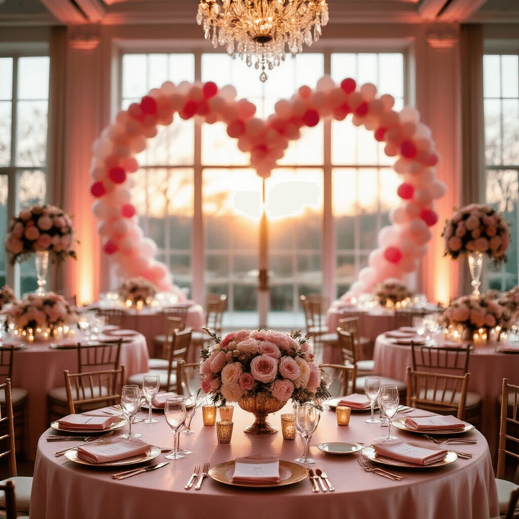 Cupid Birthday Party: A Dreamy Celebration of Love and Whimsy A romantic indoor ballroom featuring blush pink silk-draped tables adorned with floral centerpieces, a heart-shaped balloon arch, twinkling fairy lights, and an ornate dessert cart with a tiered white cake and gold accents.