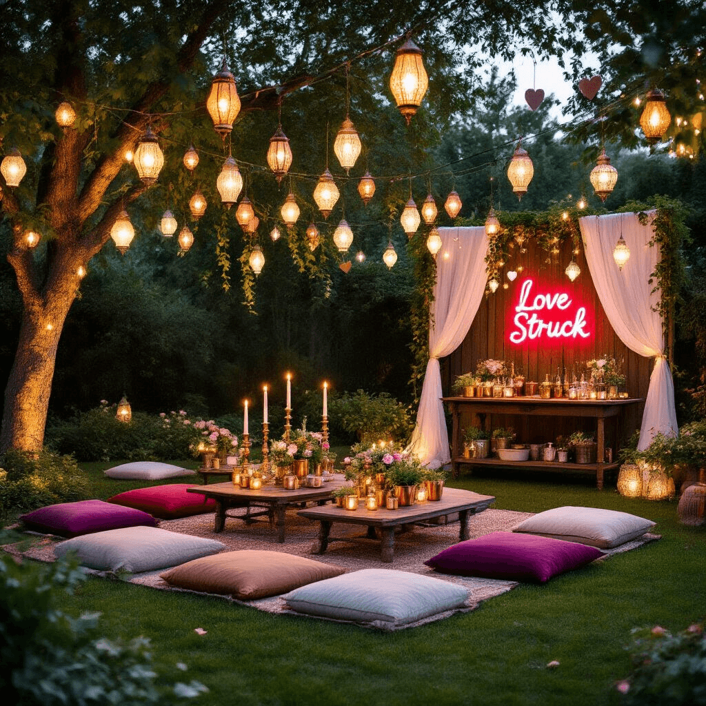 Cupid Birthday Party: A Dreamy Celebration of Love and Whimsy An enchanting backyard garden party at dusk with hanging lanterns and fairy lights. Cozy seating areas with low tables and plush floor cushions in jewel tones are set on a lush lawn. Vintage brass candlesticks and potted succulents decorate the tables. A rustic backdrop with sheer fabric features a neon 'Love Struck' sign and paper heart garlands. A bar cart displays rose-infused cocktails in copper mugs, garnished with flower petals.
