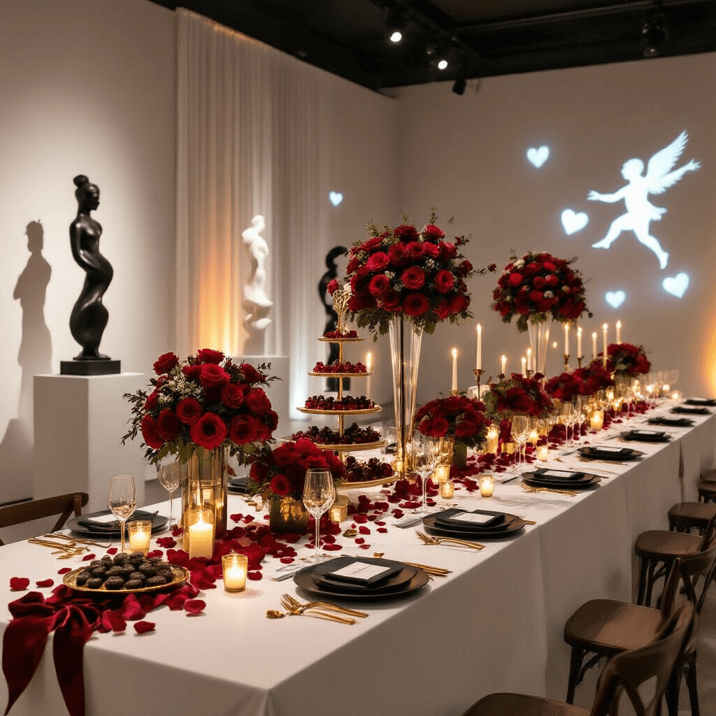 Cupid Birthday Party: A Dreamy Celebration of Love and Whimsy An elegant soirée in a modern art gallery, featuring candlelight, abstract sculptures, minimalist tables with rose petal runners, matte black dinnerware, gold cutlery, and floral arrangements, highlighted by a champagne tower and projected animations.