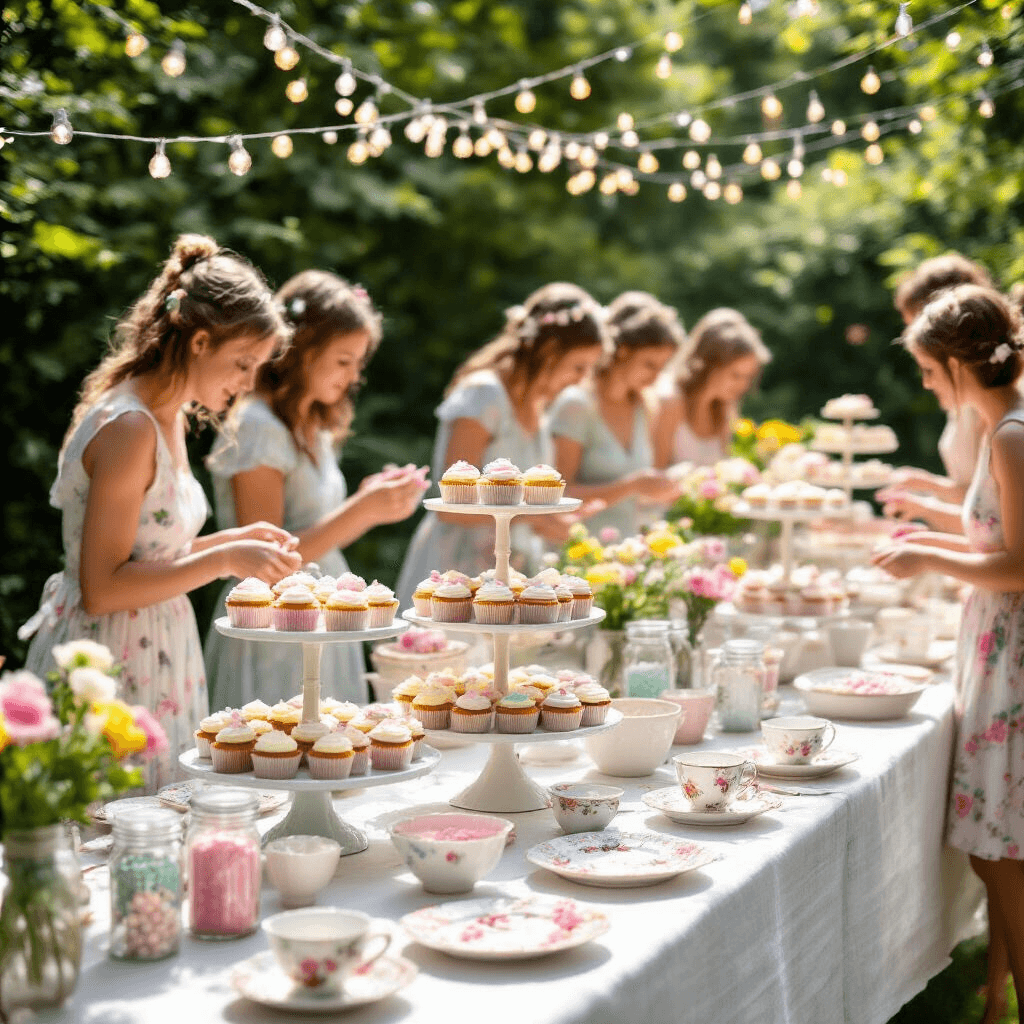 Cupcake Birthday Party: The Ultimate Guide to a Sweet Celebration A sunlit garden party featuring a vintage cupcake decorating station with long wooden tables, tiered cake stands with bare cupcakes, mason jars of pastel frostings, colorful sprinkles, and piping bags, all under strings of fairy lights. Guests in summer dresses eagerly approach the charming display adorned with mismatched floral china plates and teacups.