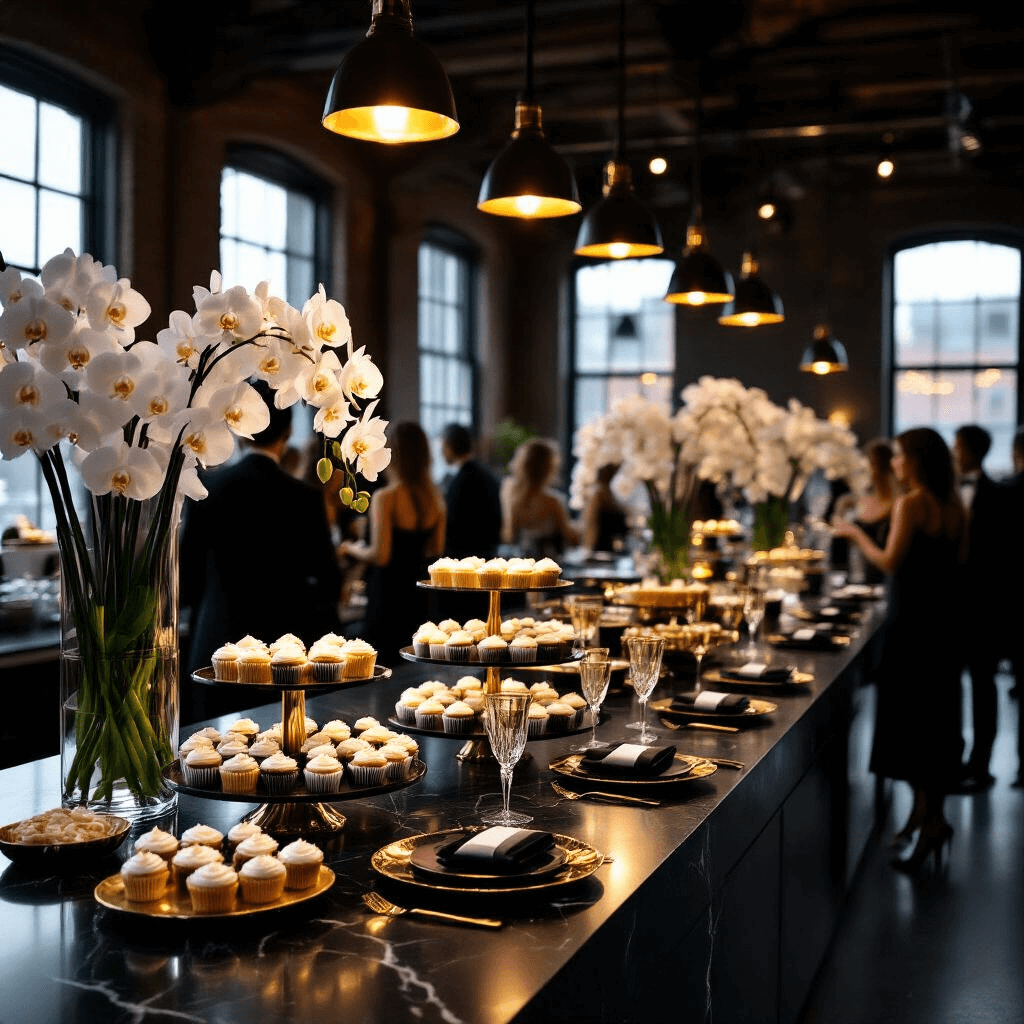 Cupcake Birthday Party: The Ultimate Guide to a Sweet Celebration A wide shot of an elegant evening soirée in a dimly lit upscale loft, featuring a sleek black marble countertop with gourmet cupcakes and gold-rimmed plates. Guests in cocktail attire mingle around the cupcake station, their silhouettes highlighted by pendant lights and tall glass vases filled with white orchids.