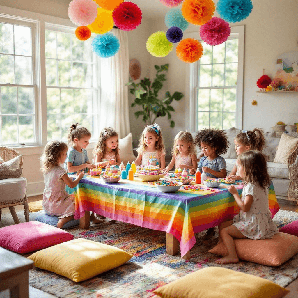 Cupcake Birthday Party: The Ultimate Guide to a Sweet Celebration A whimsical children's birthday party in a cozy living room, featuring a low table with a rainbow tablecloth, colorful floor cushions, balloons, and a cupcake station where excited children are decorating cupcakes with frosting and candy toppings.