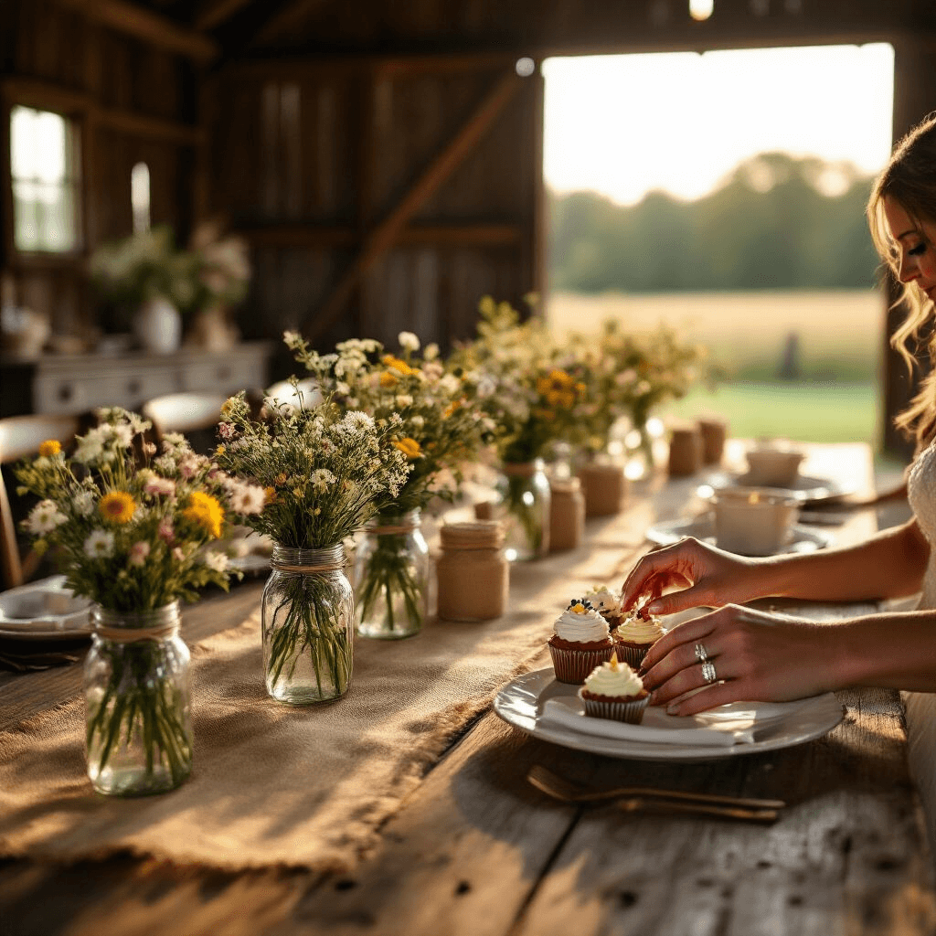 Cupcake Birthday Party: The Ultimate Guide to a Sweet Celebration A rustic barn wedding reception at golden hour, featuring weathered wooden tables with burlap runners, mason jars of wildflowers, and a vintage dresser as a cupcake decorating station. The bride and groom's hands are shown close-up, decorating a cupcake together, their new rings sparkling in the warm light.