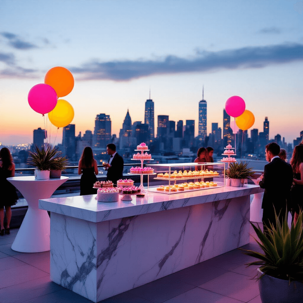 Cupcake Birthday Party: The Ultimate Guide to a Sweet Celebration A modern rooftop party at twilight featuring sleek high-top tables and a central cupcake bar with a marble countertop. Neon signs illuminate the scene, complemented by metallic balloons and geometric planters. Stylishly dressed guests are silhouetted against the evening sky, with city lights starting to twinkle in the background.