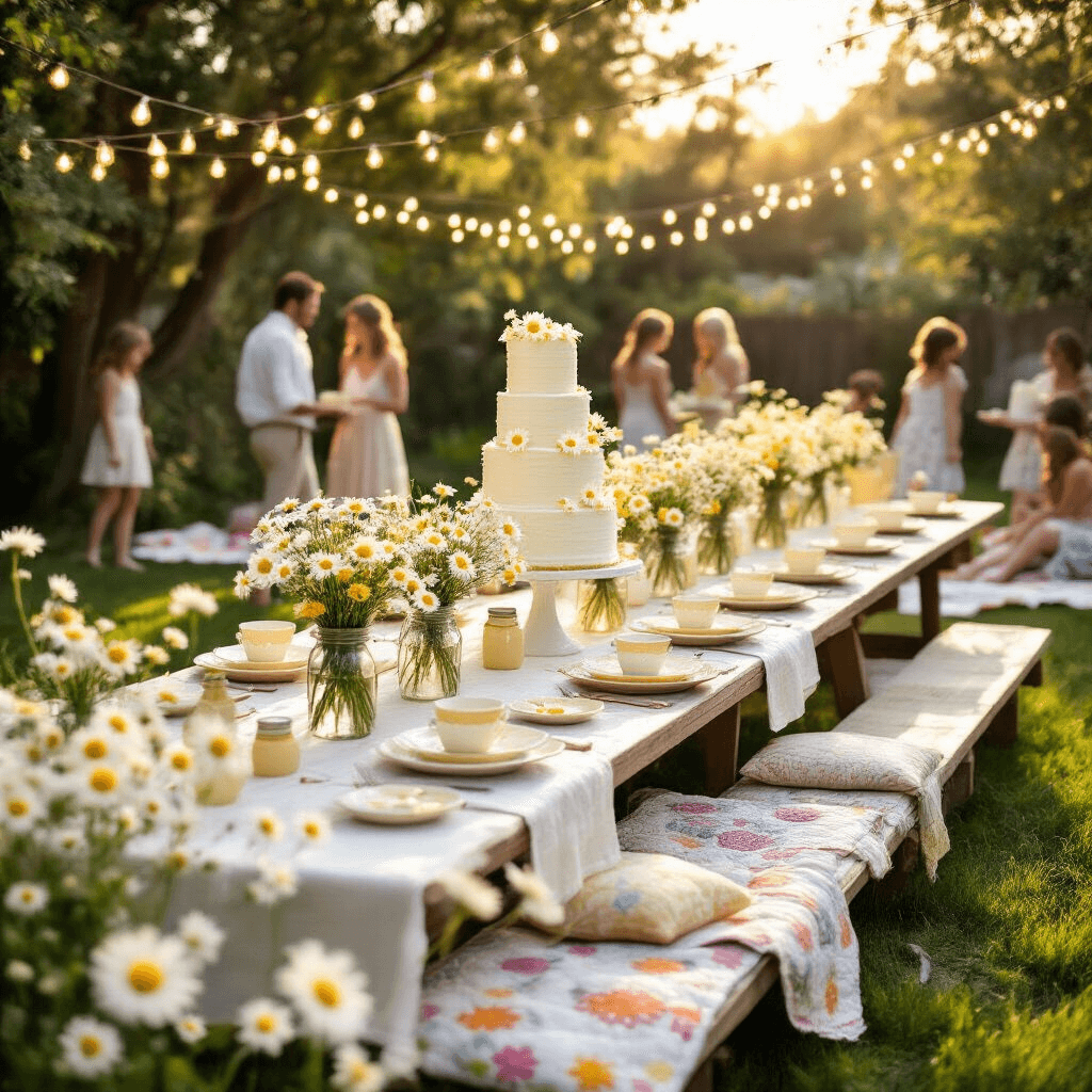 Daisy Birthday Party: The Ultimate Guide to a Blooming Celebration A sunlit backyard transformed into a whimsical daisy wonderland, featuring a picnic table with a white linen runner and mason jars of fresh daisies, fairy lights overhead, mismatched vintage china, a towering naked cake with buttercream daisies, guests on quilts in lush grass, and oversized paper daisies scattered throughout the yard, all illuminated by golden hour light.