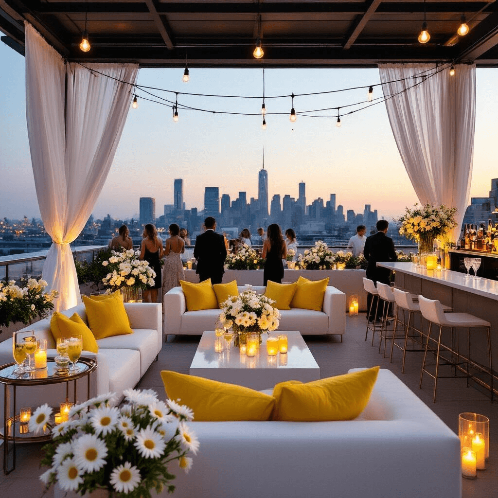 Daisy Birthday Party: The Ultimate Guide to a Blooming Celebration An elegant rooftop terrace at twilight, featuring modern white lounge furniture with yellow pillows, bar carts with cocktails garnished with daisies, minimalist floral arrangements in geometric vases, and string lights casting a romantic ambiance, set against a twinkling city skyline.