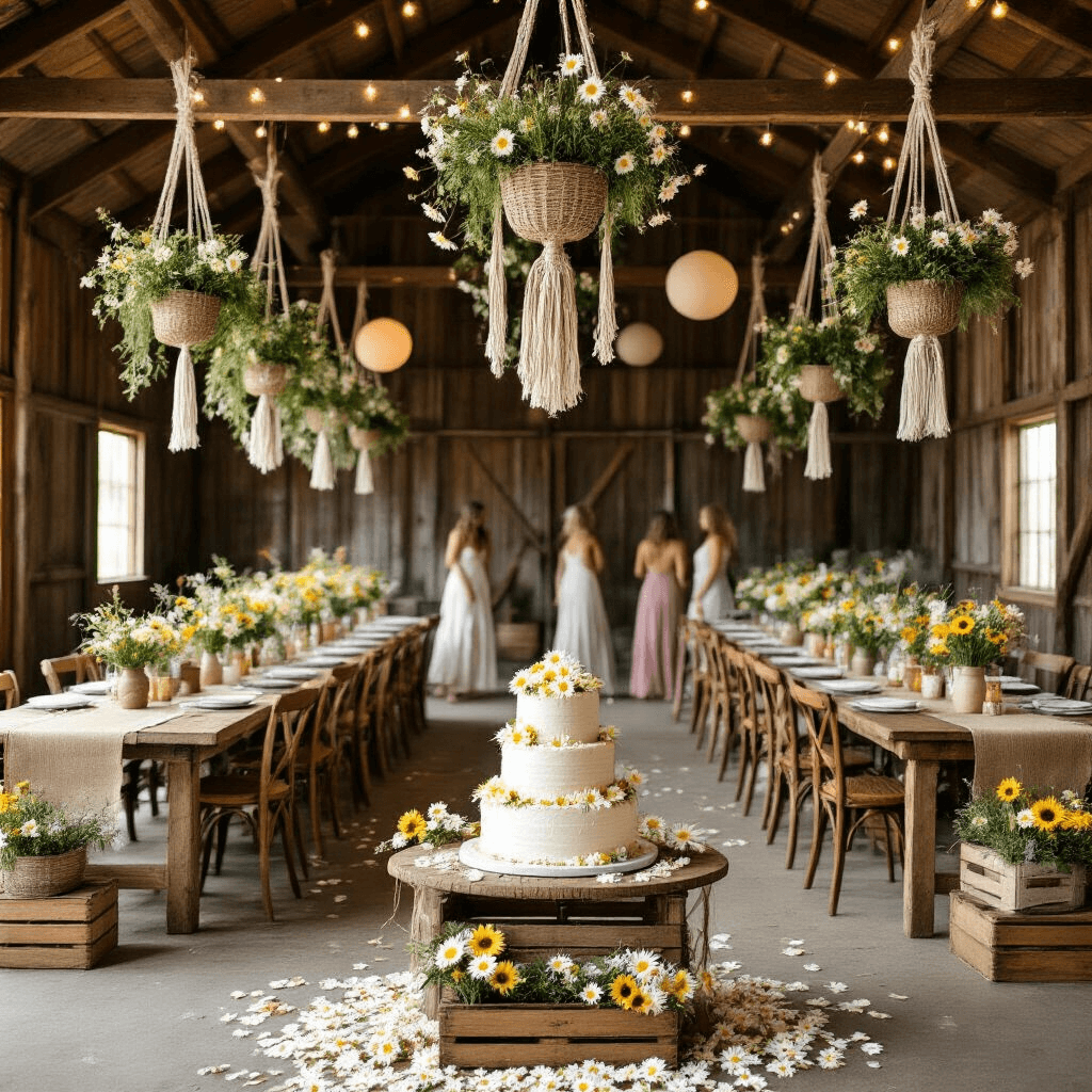 Daisy Birthday Party: The Ultimate Guide to a Blooming Celebration A boho daisy celebration in a rustic barn, featuring long farm tables with burlap runners, mismatched chairs, macramé plant hangers with daisies, wooden crates with wildflowers, a naked cake on a dessert table, fairy lights, and guests dancing on a petal-strewn floor under a dream catcher.