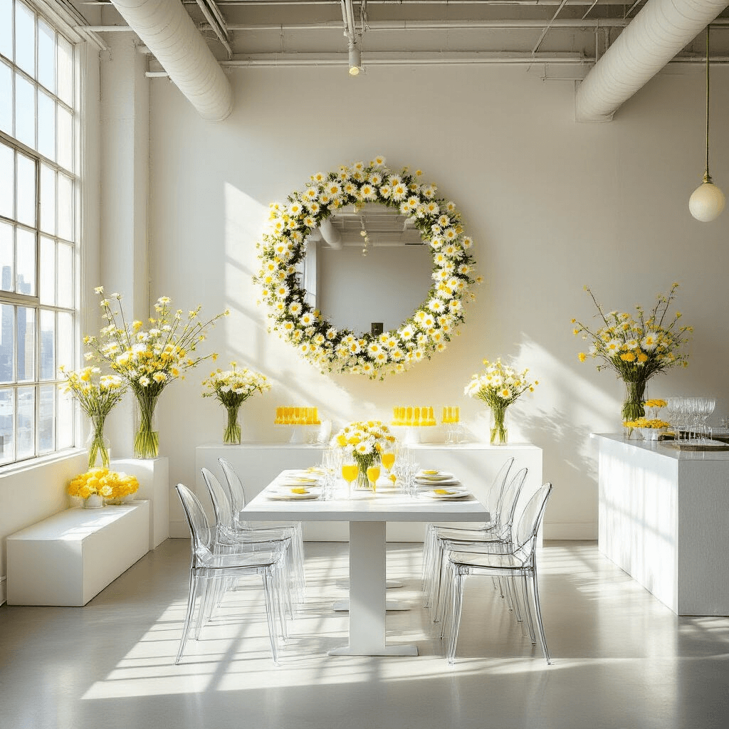 Daisy Birthday Party: The Ultimate Guide to a Blooming Celebration A bright, modern loft space set for a daisy-inspired brunch, featuring a sleek communal table with white linens and bud vases of daisies, surrounded by ghost chairs. Sunlight streams through large windows, highlighting a statement wall with a circular mirror and fresh daisies, while guests in monochromatic outfits enjoy a mimosa bar adorned with crystal decanters and edible daisies.