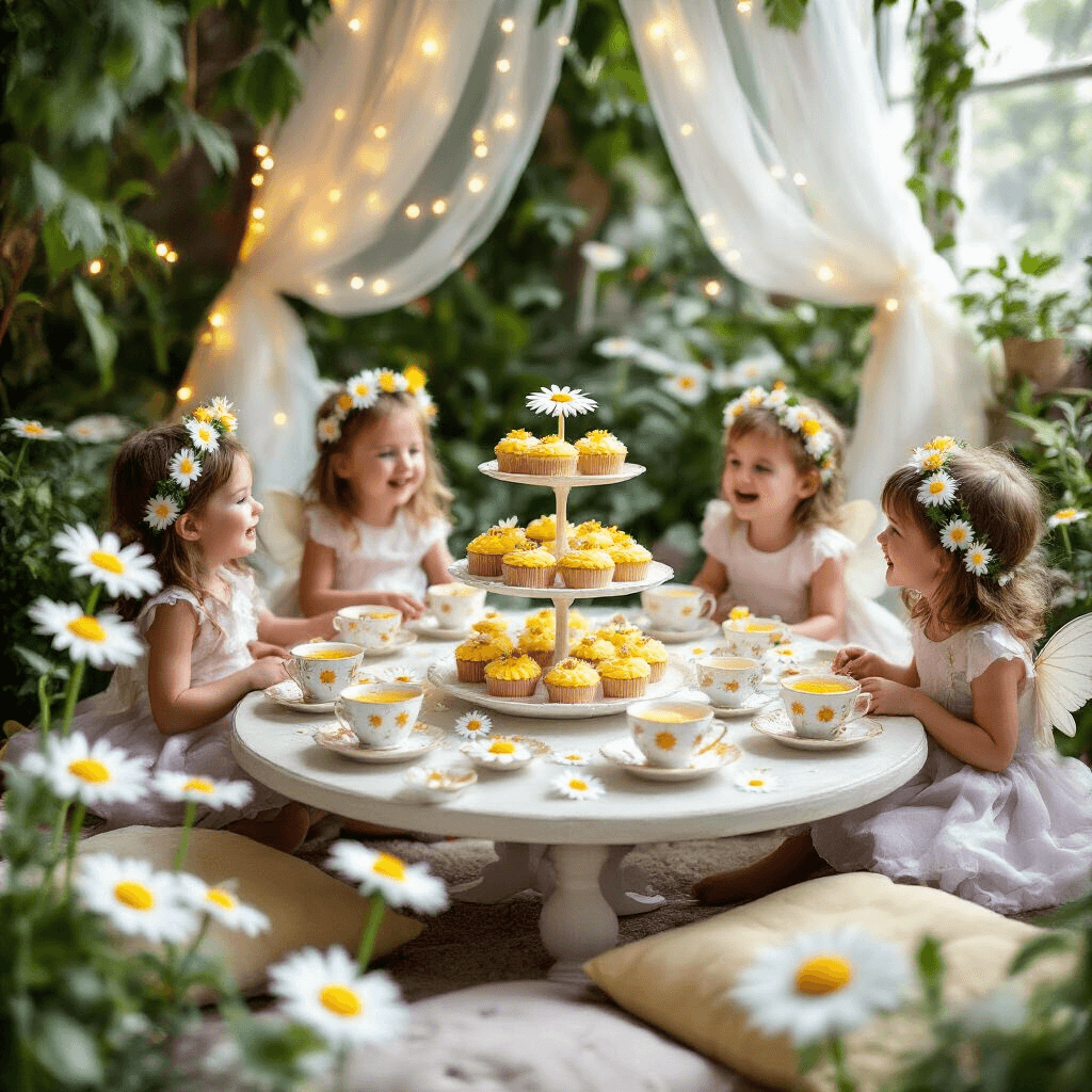 Daisy Birthday Party: The Ultimate Guide to a Blooming Celebration A whimsical indoor garden party featuring a low table surrounded by floor cushions, set for a child's daisy-themed birthday. Delicate china teacups overflow with fruit punch garnished with edible daisies, while a tiered cake stand displays daisy-shaped cookies and cupcakes with yellow frosting. Oversized paper daisies and soft tulle canopies create a magical atmosphere, as pint-sized guests in flower crowns giggle and reach for butterfly-shaped sandwiches under twinkling fairy lights.