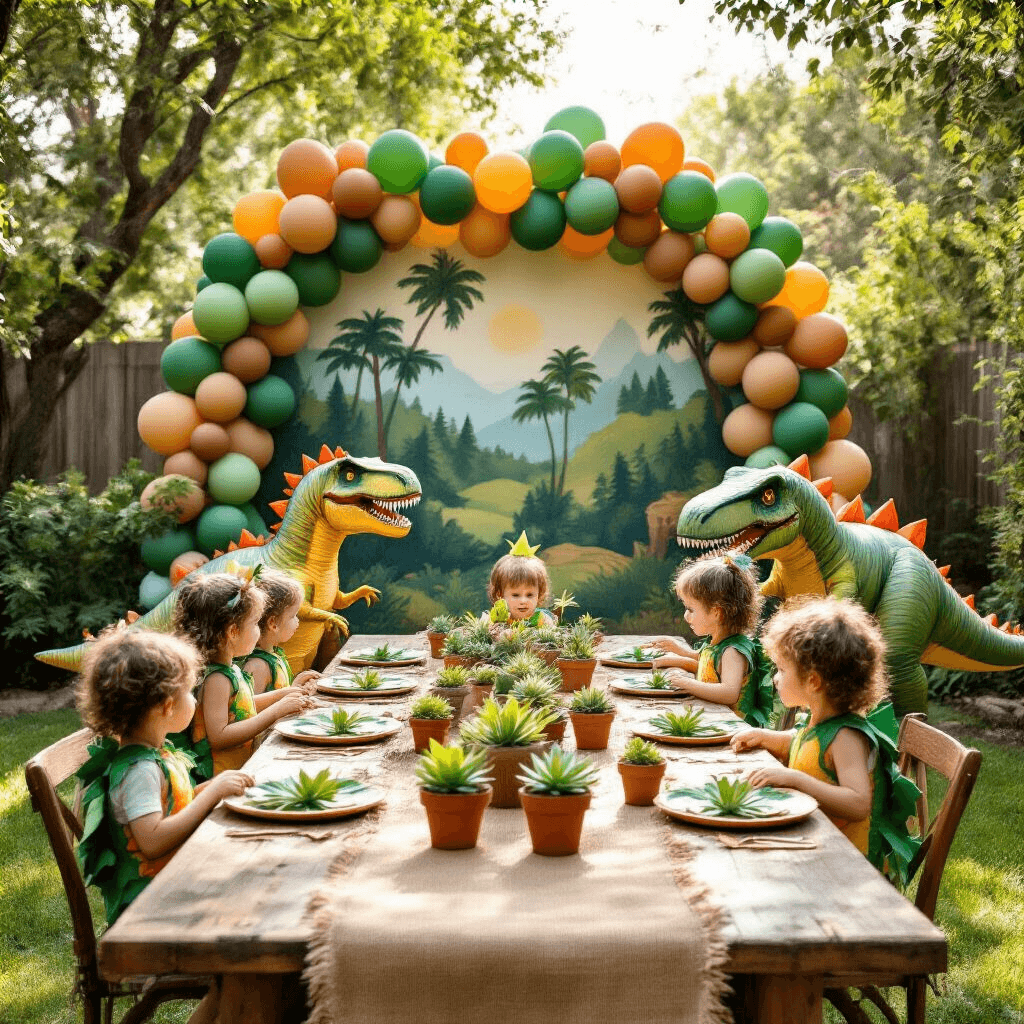 Throw an Epic Dinosaur Birthday Party: A Complete Guide for Prehistoric Fun A whimsical dinosaur-themed birthday party in a sunlit backyard, featuring a hand-painted dinosaur backdrop, green and brown balloons, a rustic wooden table with a burlap runner and succulent centerpieces, and children in colorful dinosaur costumes playing around a large inflatable T-Rex.