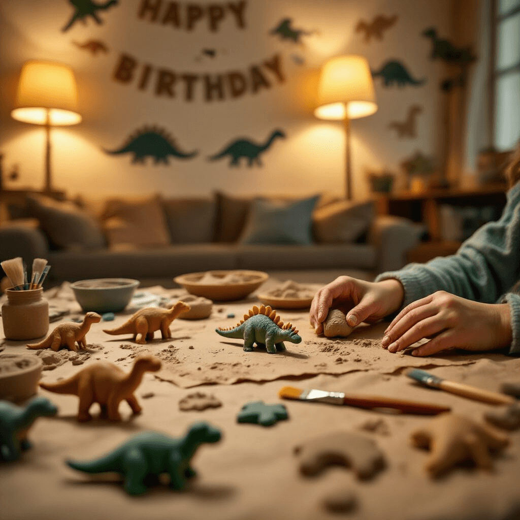 Throw an Epic Dinosaur Birthday Party: A Complete Guide for Prehistoric Fun Close-up of small hands crafting clay fossils at a low table in a cozy living room, surrounded by dinosaur-shaped cookie cutters and painting tools, with warm ambient lighting and hand-drawn dinosaur silhouettes in the background.