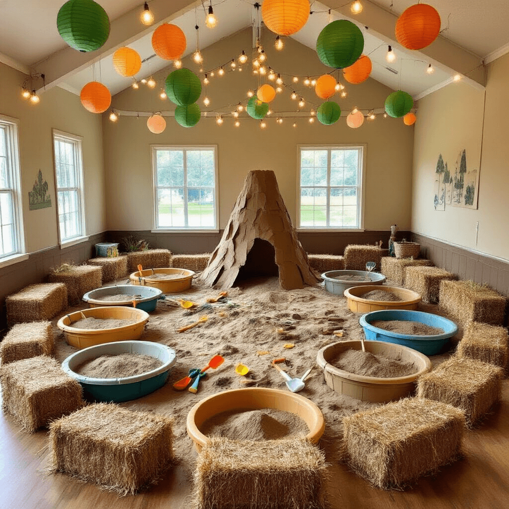 Throw an Epic Dinosaur Birthday Party: A Complete Guide for Prehistoric Fun An overhead view of a vibrant 'Dino Dig' sensory experience in a community hall, featuring several sand-filled kiddie pools in a circular arrangement, surrounded by hay bale seating. Tools like plastic shovels and brushes are neatly placed beside each pool. Above, a canopy of string lights and forest green and warm orange paper lanterns create a whimsical ambiance, with a large cardboard volcano as the centerpiece.