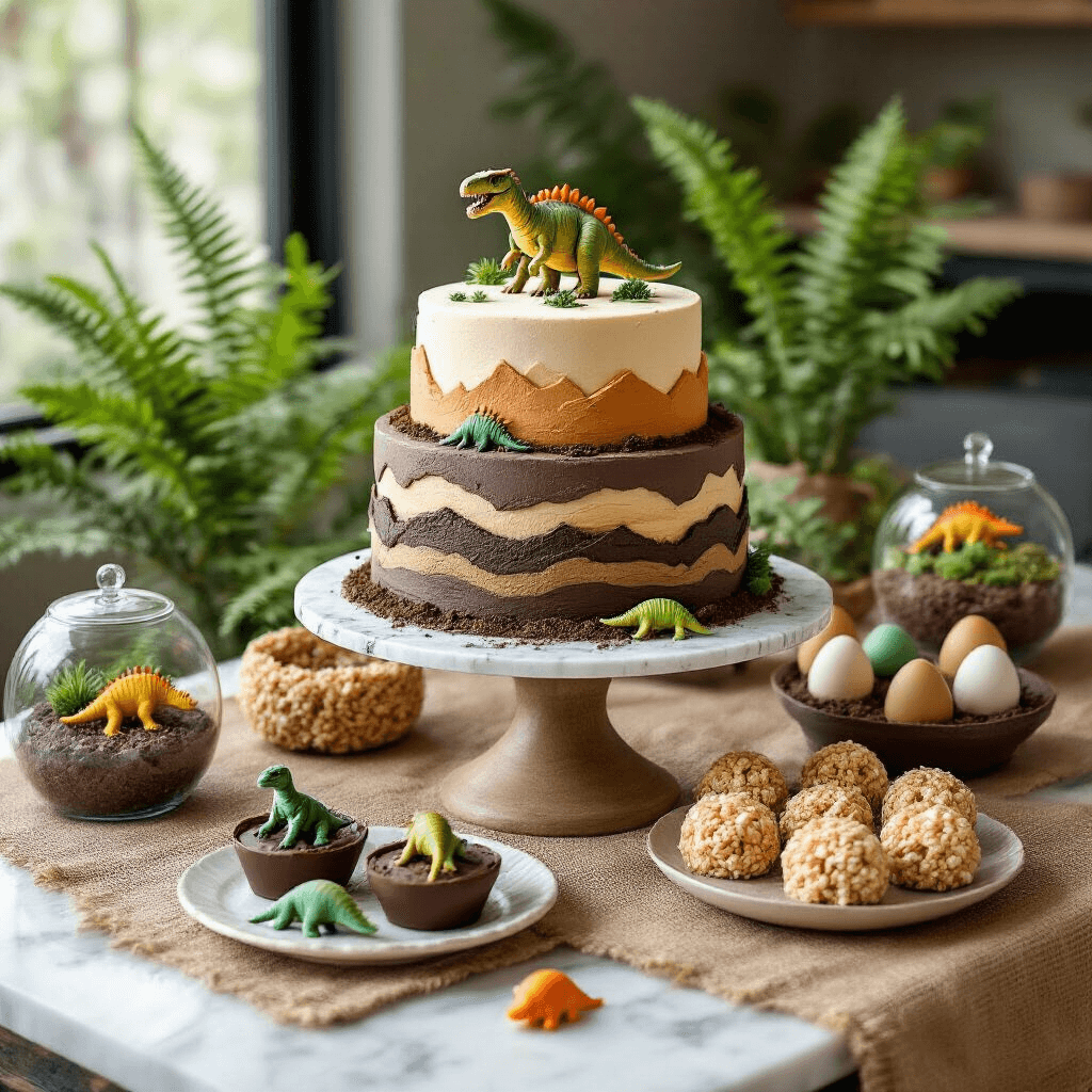 Throw an Epic Dinosaur Birthday Party: A Complete Guide for Prehistoric Fun A prehistoric-themed dessert table on a marble countertop, featuring a tiered cake stand with a geology-inspired fondant cake decorated with edible dinosaur fossils. Surrounding treats include chocolate dirt cups with gummy dinosaurs, egg-shaped cake pops, and rice krispie treats styled as dinosaur nests, complemented by faux ferns and miniature terrariums.