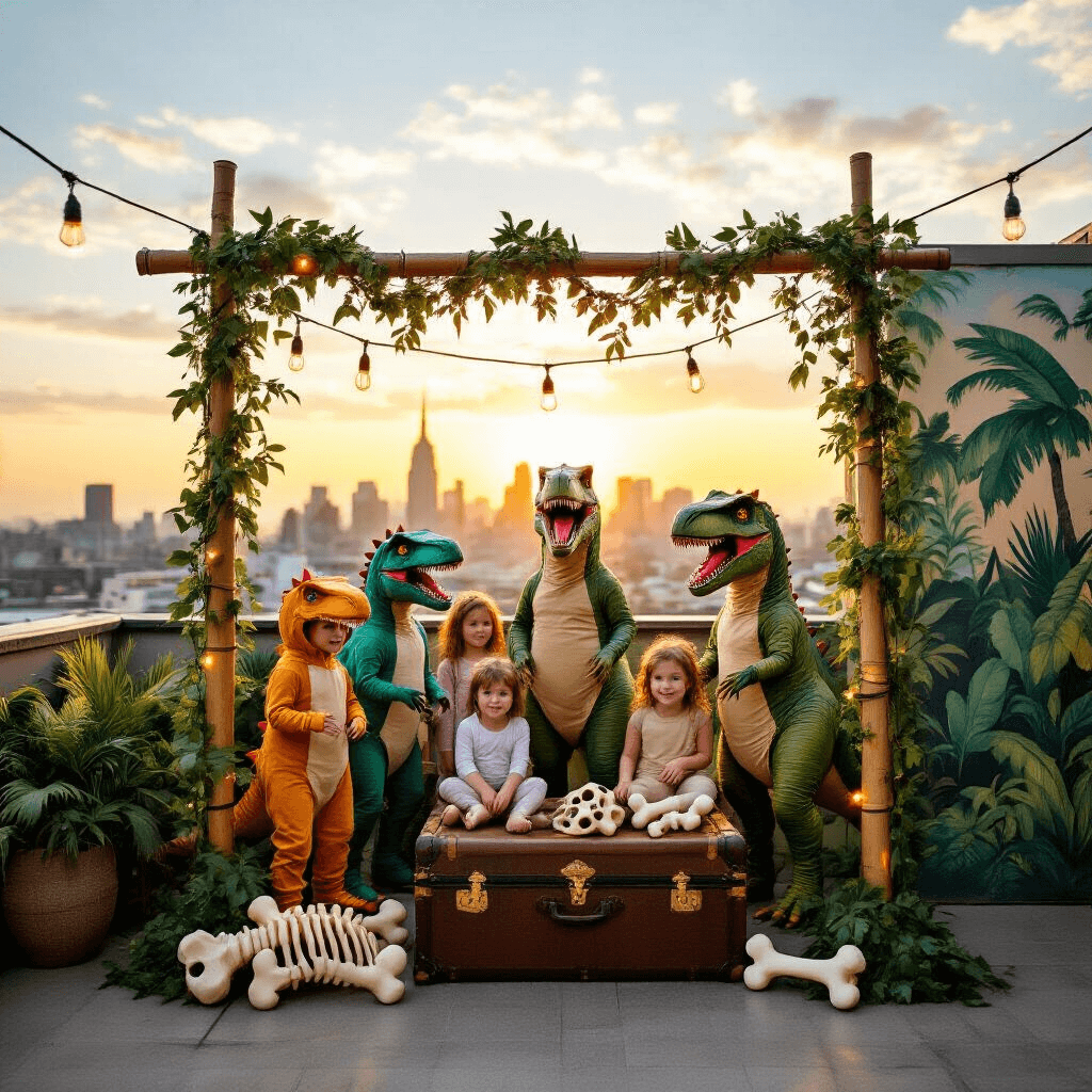 Throw an Epic Dinosaur Birthday Party: A Complete Guide for Prehistoric Fun Children in dinosaur costumes pose in a rooftop photo booth with a jungle mural, framed by bamboo and vines, with city skyline in the background, illuminated by golden hour light.