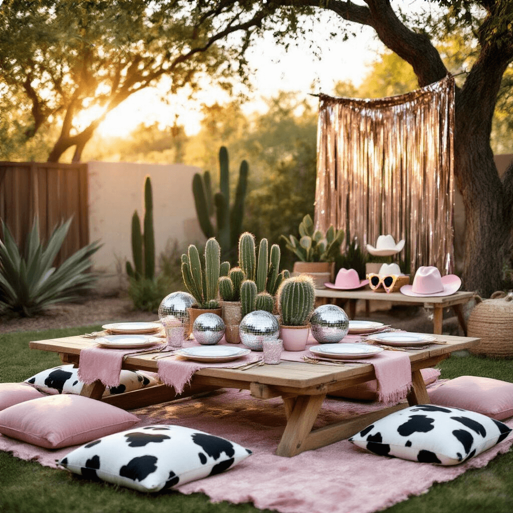 Disco Cowgirl Birthday Party: The Ultimate Guide to a Sparkly Western Celebration Intimate backyard birthday setup featuring a low picnic table with cow print cushions, dusty pink linens, silver chargers, and white plates, adorned with cacti in glittery pots and disco ball planters, and a handcrafted cowhide print banner, with a DIY photo booth in the background.
