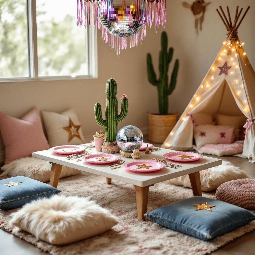 Disco Cowgirl Birthday Party: The Ultimate Guide to a Sparkly Western Celebration A whimsical kids' disco cowgirl party setup in a sun-drenched living room, featuring a low table surrounded by textured floor cushions, pastel pink plates with bandana napkins, sheriff badge favors, a light-up cactus centerpiece, a disco ball terrarium, a sparkly cowboy boot piñata hanging from the ceiling, and a fairy light-adorned teepee in the corner.