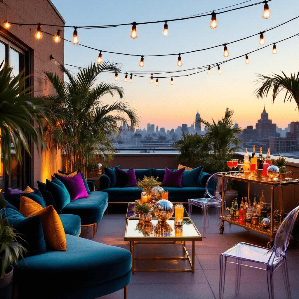 Disco Birthday Party: The Ultimate Guide to Throwing a Groovy 70s Celebration An intimate rooftop terrace styled for a chic disco soirée, featuring golden hour lighting, string lights overhead, plush jewel-toned cushions, sleek acrylic chairs, cocktail tables with mirrored surfaces and geometric terrariums, a gold-accented bar cart with colorful cocktails, potted palm trees, a backdrop of twinkling city lights, and a gold sequin photo wall with 'Disco Fever' in neon pink cursive.