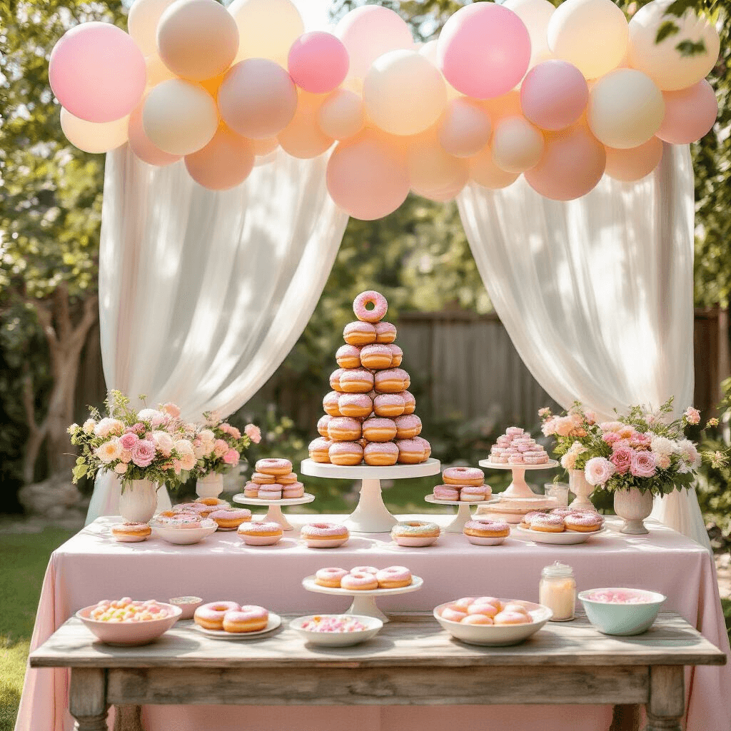Donut Birthday Party: The Ultimate Guide to a Sweet Celebration A picturesque backyard adorned with pastel donuts, featuring a long table set with pale pink linen, a towering donut display, and vintage cake stands with colorful donuts. Fresh floral arrangements in soft hues add charm, while a canopy of blush and cream balloons hovers above. A DIY donut decorating station with sprinkles and toppings sits on a rustic wooden table, all bathed in soft morning light filtering through sheer drapery.