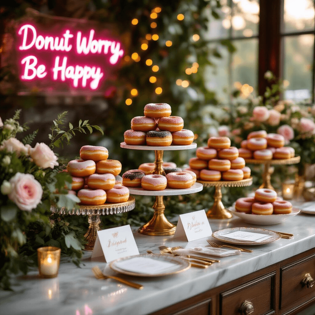 Donut Birthday Party: The Ultimate Guide to a Sweet Celebration Intimate indoor celebration featuring gourmet donuts on tiered gold stands atop a marble countertop, surrounded by lush greenery and blush roses. Handwritten place cards and gold cutlery enhance the elegance, while soft fairy lights twinkle in the background. A neon sign reading 'Donut Worry, Be Happy' casts a warm pink glow.
