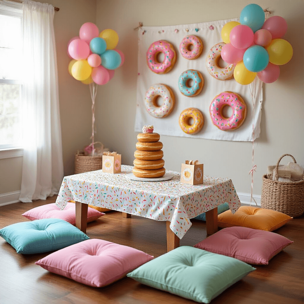 Donut Birthday Party: The Ultimate Guide to a Sweet Celebration A cozy living room set up for a whimsical kids' donut party, featuring a low table covered in a sprinkle-patterned cloth, surrounded by colorful floor cushions. A centerpiece of stacked donuts resembles a cake, with bright balloon clusters in each corner and a DIY backdrop of oversized paper donuts on the wall. Personalized favor bags, donut-shaped pillows, and a 'Pin the Frosting on the Donut' game enhance the festive vibe, all bathed in natural light from sheer curtains.