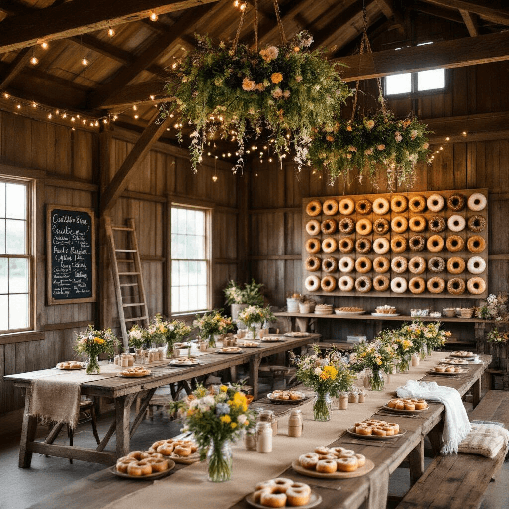 Donut Birthday Party: The Ultimate Guide to a Sweet Celebration A rustic barn styled for a donut-themed celebration, featuring exposed wooden beams with twinkle lights, long farmhouse tables adorned with burlap runners and mason jar centerpieces of wildflowers and mini donuts, a grand donut wall with various flavors, charming chalkboard signs, and a vintage ladder holding throw blankets, bathed in soft, diffused light from barn windows.