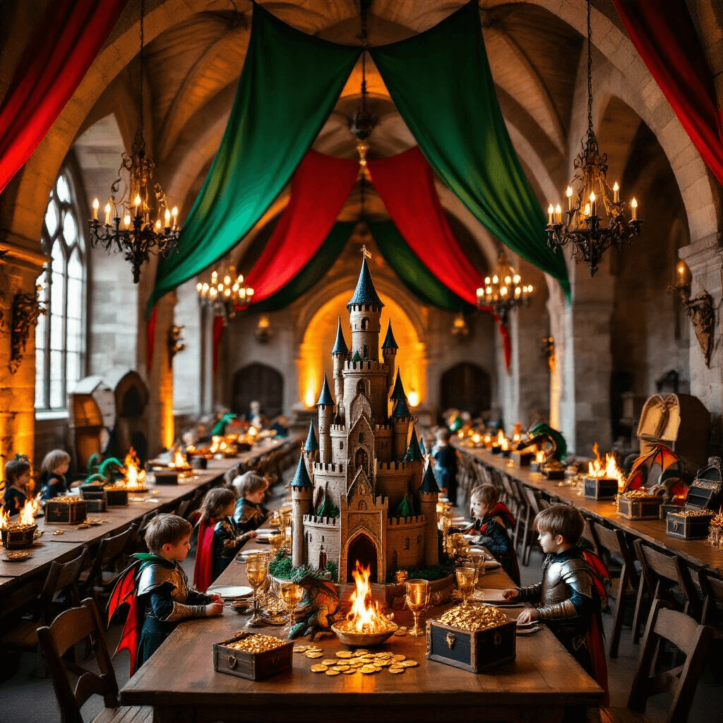 How to Host an Epic Dragon Birthday Party: A Complete Guide for Fantasy-Loving Kids A grand medieval-inspired ballroom decorated for a dragon-themed birthday party, featuring stone arches with emerald and red banners, wooden tables with faux fire centerpieces and dragon figurines, warm amber lighting, a castle turret cake, and children in knight costumes playing among cardboard castle facades.