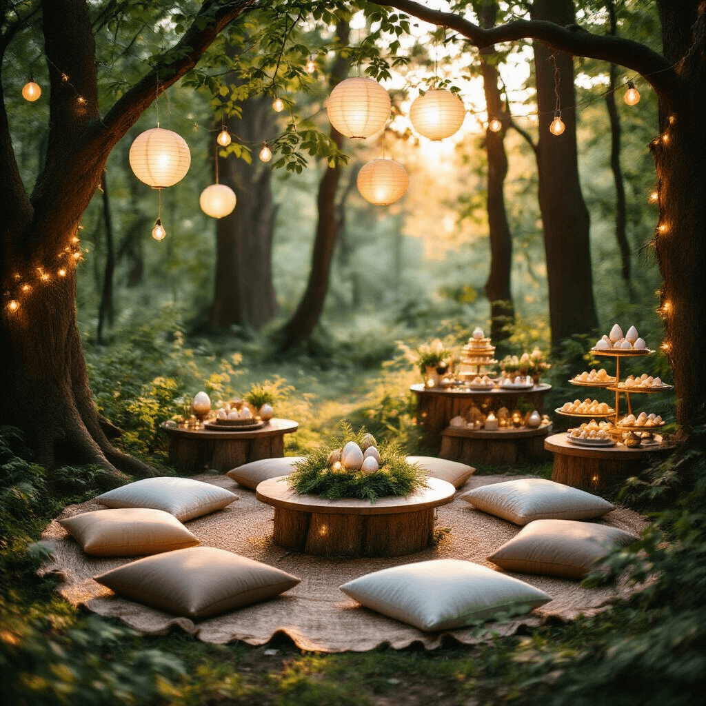 How to Host an Epic Dragon Birthday Party: A Complete Guide for Fantasy-Loving Kids An intimate dragon-themed celebration set in an enchanted forest clearing during golden hour, featuring low tables with plush cushions, miniature dragon's nest centerpieces, hanging lanterns, and a dessert cart with themed treats, all illuminated by soft, magical lighting.