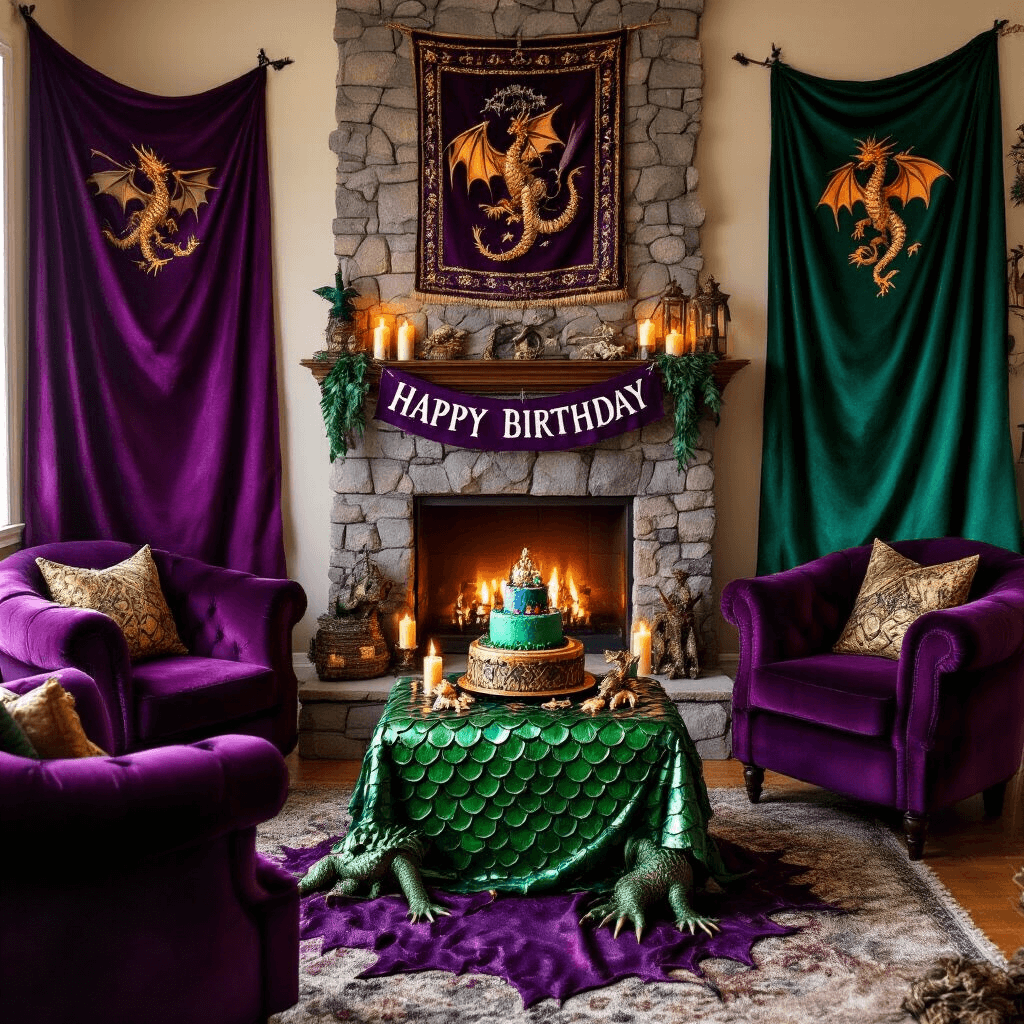 How to Host an Epic Dragon Birthday Party: A Complete Guide for Fantasy-Loving Kids A cozy living room transformed into a dragon's lair for a birthday gathering, featuring rich jewel tones, a faux stone fireplace with medieval tapestries, plush velvet armchairs, and a table with a themed cake on a treasure chest stand, surrounded by dragon figurines and flickering candles, captured from a corner angle to highlight the layered decor.