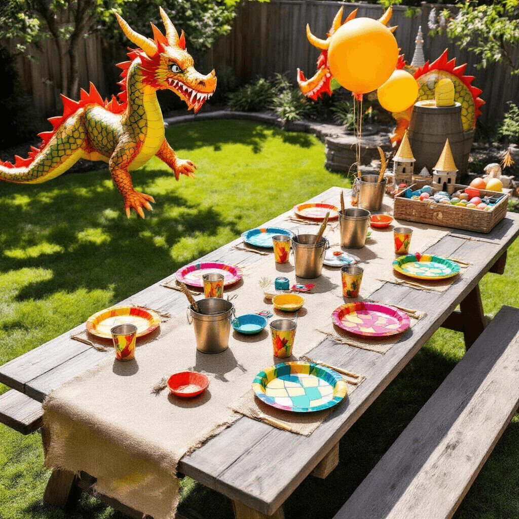 How to Host an Epic Dragon Birthday Party: A Complete Guide for Fantasy-Loving Kids A vibrant dragon-themed party setup in a sun-drenched backyard, featuring a long picnic table adorned with a burlap runner and metallic gold accents, colorful melamine dragon scale plates, and Viking drinking horns, with oversized balloon dragons flying overhead and a craft station for making dragon masks and painting eggs, all set against a lush green lawn.