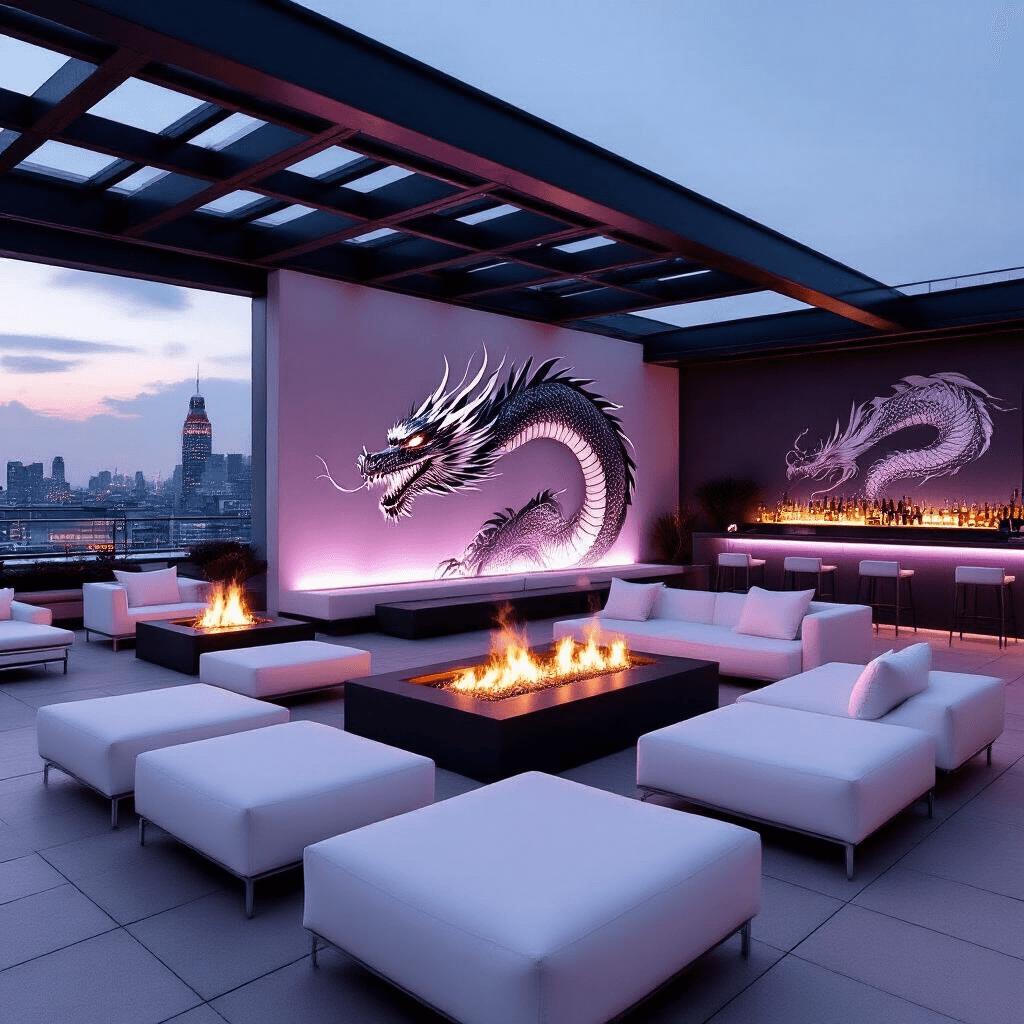 How to Host an Epic Dragon Birthday Party: A Complete Guide for Fantasy-Loving Kids A modern rooftop terrace featuring a minimalist dragon-inspired soiree, with white lounge furniture, low fire pits, an abstract gray and silver dragon mural, themed cocktails with smoke effects, and soft purple uplighting against a backdrop of twinkling city lights.
