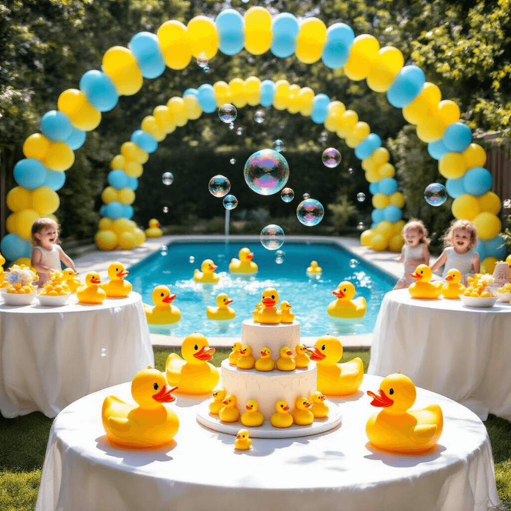 Quack-tastic Celebrations: Designing the Perfect Ducky Birthday Party A sunny backyard transformed into a whimsical rubber ducky wonderland, featuring blue and yellow balloon arches, a sparkling pool with oversized rubber ducks, round tables with stacked rubber duck centerpieces, a tiered cake with fondant ducks, and children laughing while chasing iridescent bubbles.