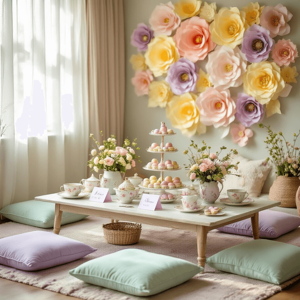 Easter Birthday Bash: The Ultimate Guide to a Pastel-Perfect Celebration An intimate living room celebration featuring a low table with plush mint green and lavender cushions. The table is adorned with floral china, pastel macarons on tiered stands, and speckled eggs in tiny nests, complemented by bunny-ear napkin folds and personalized place cards. Sheer curtains billow softly, with a DIY backdrop of oversized paper flowers in soft yellow and pink.