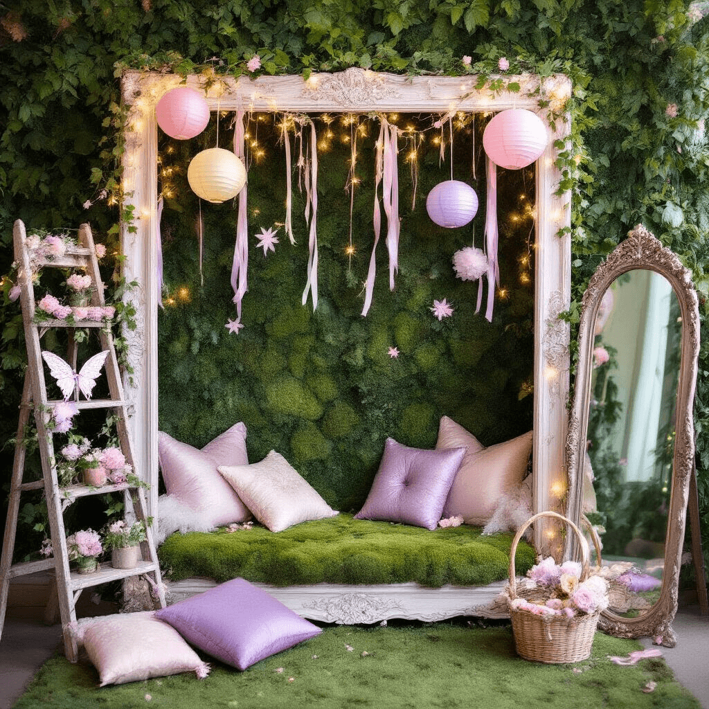 Magical Fairy Birthday Party: Your Ultimate Guide to Enchanting Celebrations A whimsical fairy-themed photo booth corner featuring a living wall of greenery and flowers, a hand-painted wooden frame with twinkle lights, a moss-covered bench with silk pillows, pastel lanterns, a full-length mirror, and decorative props like fairy wings and flower crowns arranged on a vintage ladder.