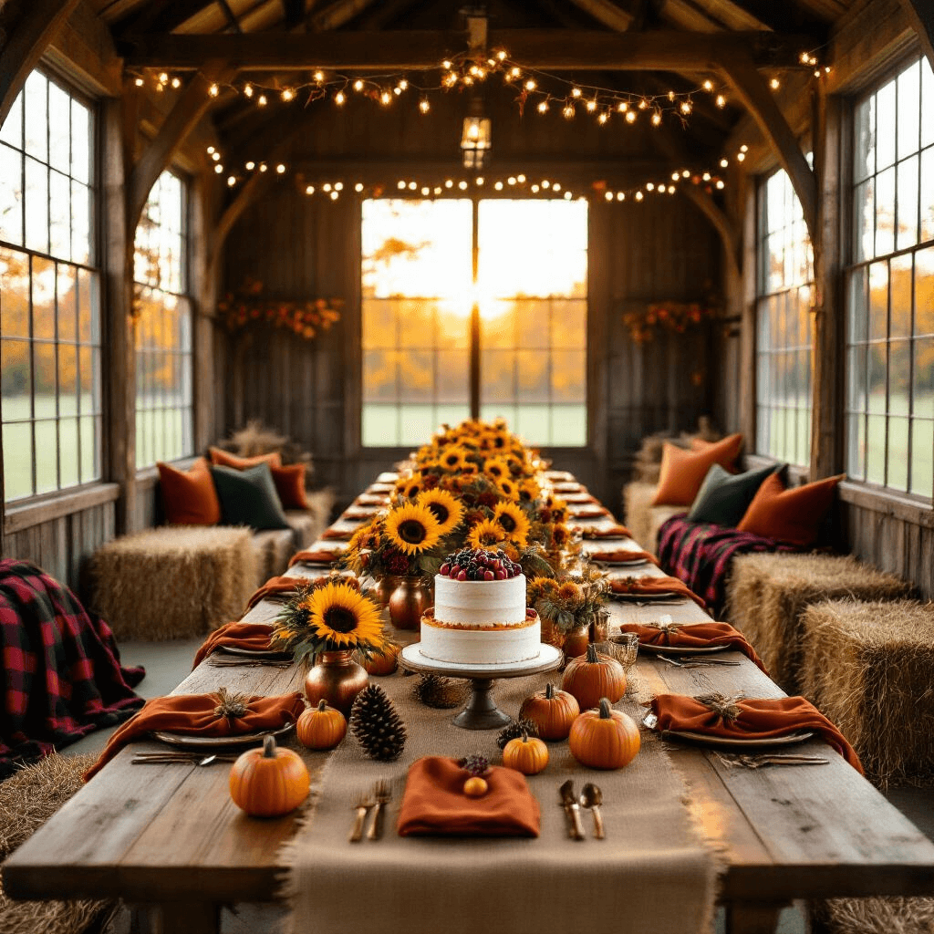 Crafting the Perfect Fall Birthday Party: A Comprehensive Guide to Autumn Celebration Magic A cozy rustic barn decorated for a fall birthday, featuring golden sunlight, wooden tables with burnt orange linens, mini pumpkins and sunflowers as centerpieces, fairy lights overhead, a tiered naked cake, and casual seating with hay bales and plaid blankets.