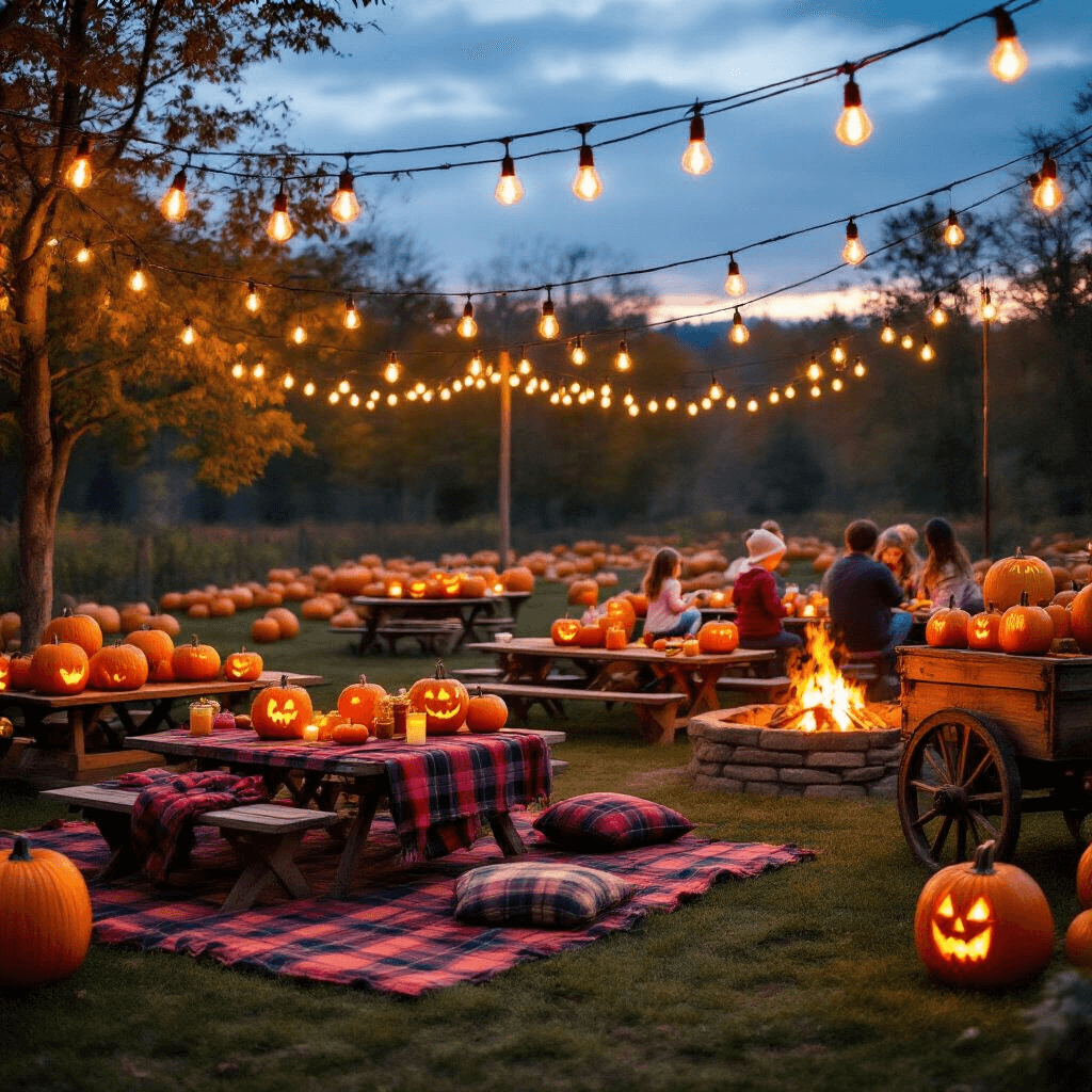 Crafting the Perfect Fall Birthday Party: A Comprehensive Guide to Autumn Celebration Magic An enchanting outdoor pumpkin patch birthday party at dusk, featuring crisscrossed Edison bulbs, picnic-style seating with plaid blankets, carved pumpkin lanterns lining pathways, a rustic hot apple cider cart, children painting pumpkins, and adults roasting marshmallows around a fire pit.