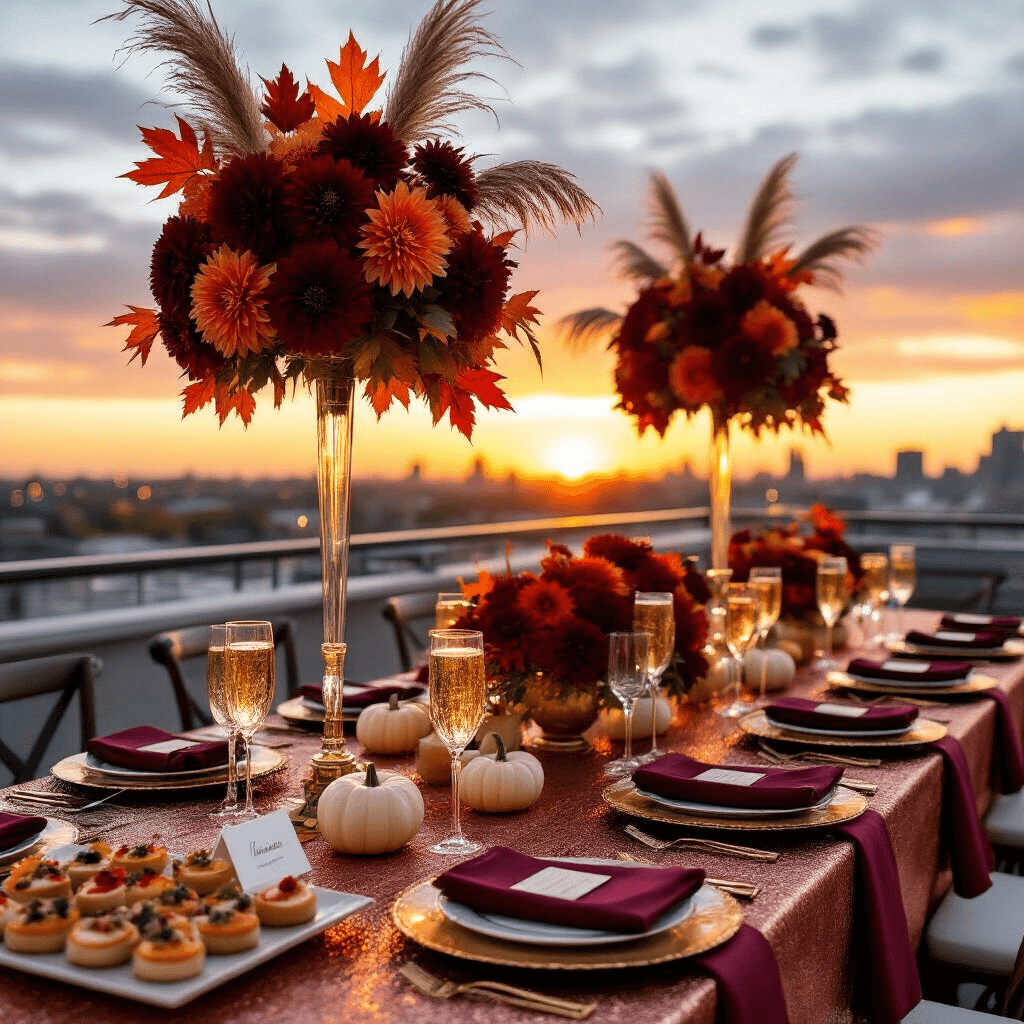 Crafting the Perfect Fall Birthday Party: A Comprehensive Guide to Autumn Celebration Magic An elegant fall-themed birthday dinner party on a rooftop terrace at sunset, featuring a long table with a copper tablecloth, gold-rimmed chargers, burgundy napkins, tall glass centerpieces with deep red dahlias, orange maple leaves, and pampas grass, personalized place cards on mini white pumpkins, a champagne tower, and seasonal hors d'oeuvres, set against a colorful autumn sky and twinkling city lights.