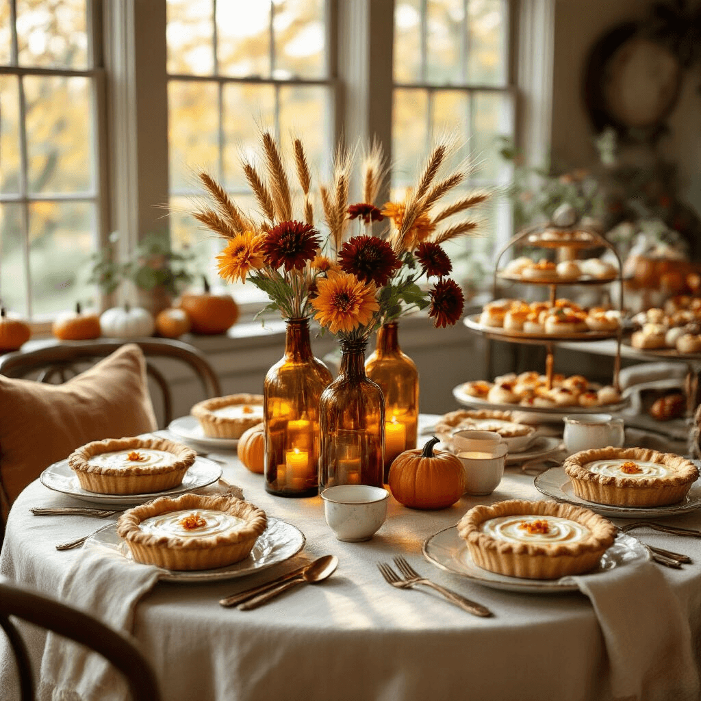 Crafting the Perfect Fall Birthday Party: A Comprehensive Guide to Autumn Celebration Magic A cozy Thanksgiving-inspired birthday brunch with a round table set in soft morning light, featuring textured cream linens, vintage china, a centerpiece of amber glass bottles with wheat and flowers, individual pumpkin pies as place settings, and a buffet of fall brunch delicacies on copper stands.